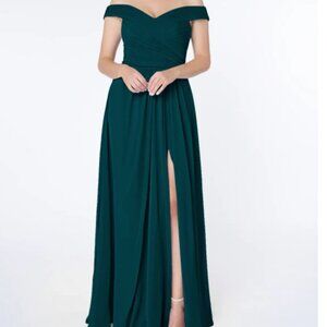 Azazie Audrianna Pine A-Line Off-The-Shoulder Gathered Chiffon Dress Size 14